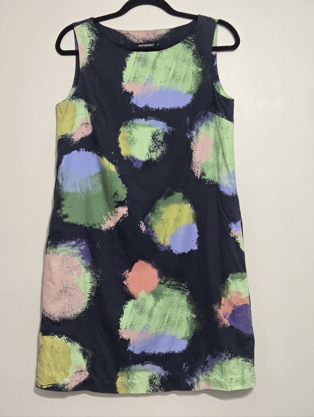 Marimekko Finland Sleeveless Shift Dress Blue Abstract Print Cotton EU 36 Y2K